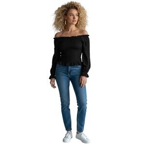 Black Smocked Crop Top Long Sleeve Peasant Gypsy